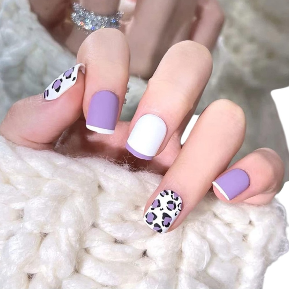 💜 Purple Leopard Print Press-On Nails | Medium Square | Reusable Set